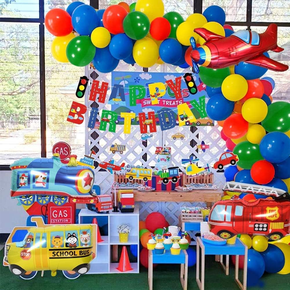 Amazon Vston 誕生日バルーン 男の子のために誕生日パーティー飾り付け豪華な風船 セット輸送車両箔バルーン飛行機列車パトカーバスヨット消防車 Happy Birthday バルーン 風船 バルーン おもちゃ