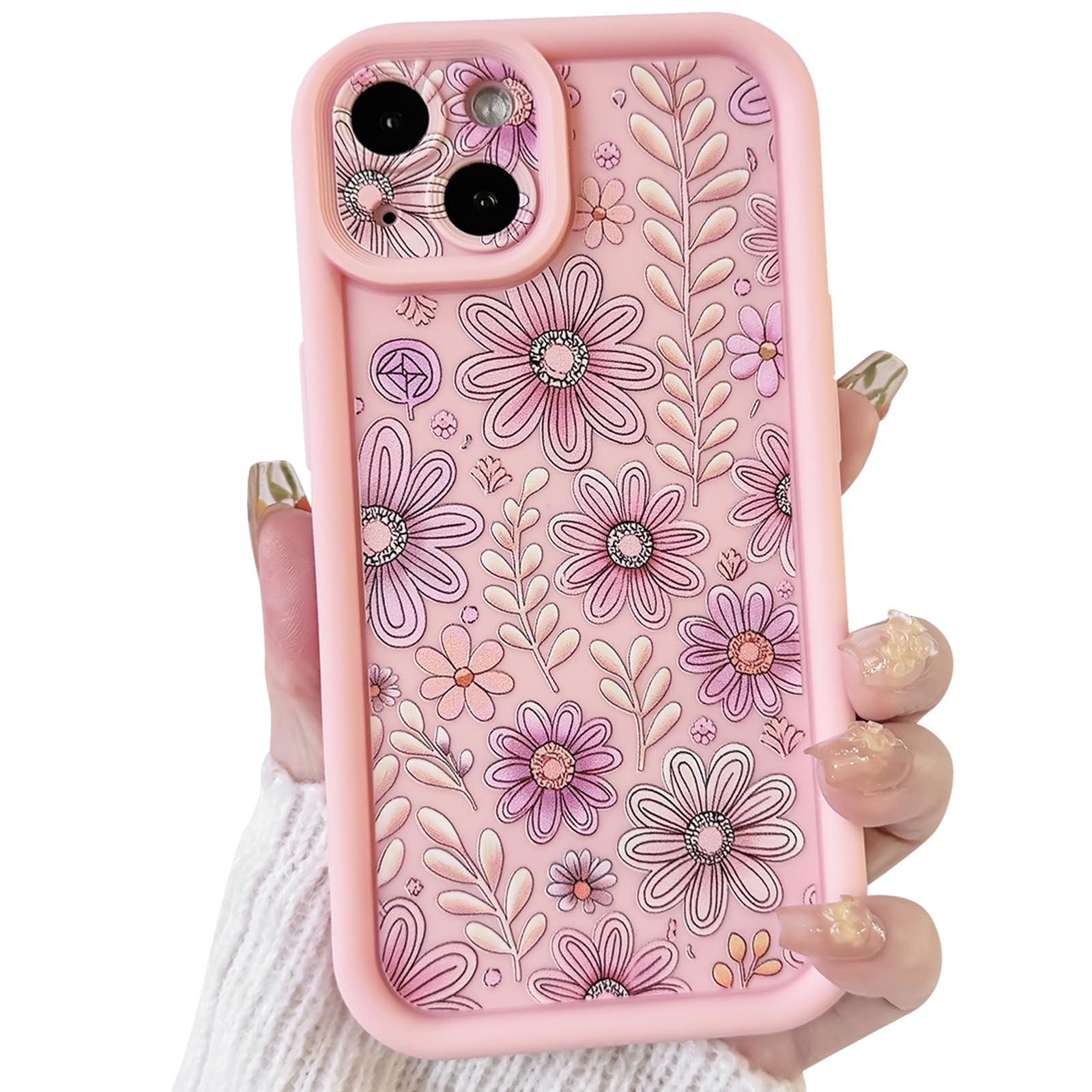 Lovmooful Compatible for iPhone 14 Case Aesthetic Cute Color Flower Floral Leaf Design for Girls Women Soft TPU Shockproof More Protective Girly for iPhone 14 Case-Light Pink