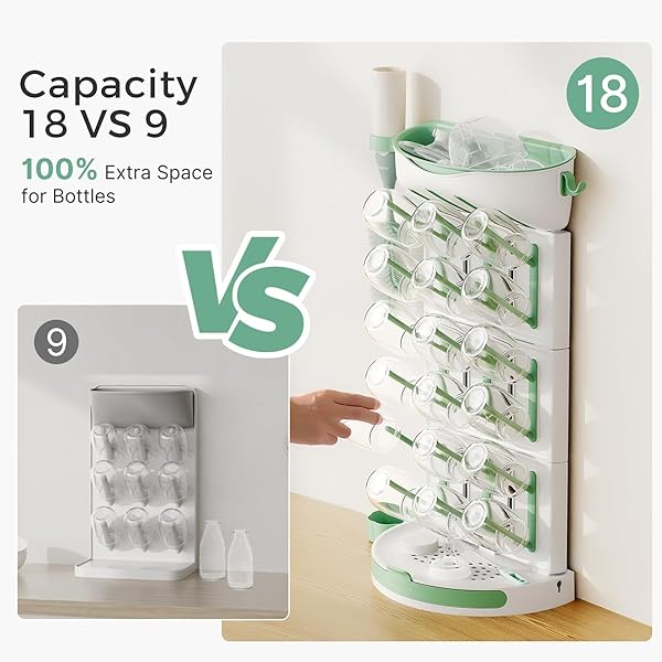 MOMCOZY BABY BOTTLE DRYING RACK FOR 18 BOTTLES, SPACE SAVING COUNTERTOP VERTICAL RACK FOR BABY ACCESSORIES & PUMP PARTS, DETACHABLE TRAVEL DRYING RACK WITH BRUSH HOLDER
