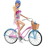 Barbie Doll & Bike Set with Accessories, Blonde in Rainbow Romper with Pink & Blue Bicycle, Helmet, Basket & Water Bottle