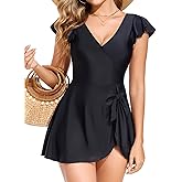 Smismivo Women One Piece Tummy Control Swimsuits Dress Modest Full Coverage Swimdress with Skirt Ruffle Sleeve Bathing Suit