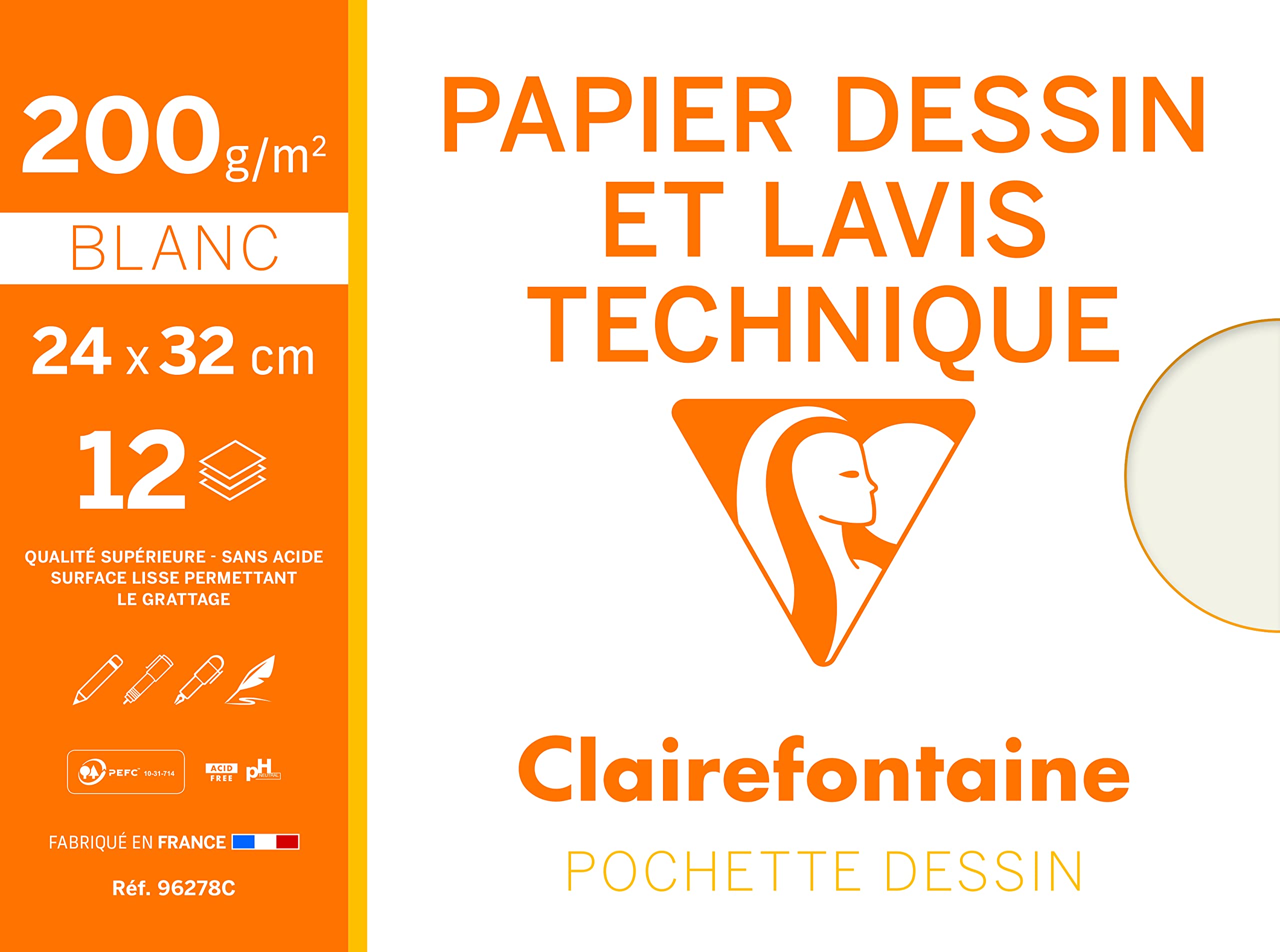 Clairefontaine - Ref 96278C - Technical Drawing Paper (Pack of 12 Sheets) - 24 x 32cm in Size, 200gsm Paper, Suitable for Light Washes, Envelope Packet — image 1
