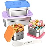 DaCool 4 Pack Kids Stainless Steel Snack Containers with Lids Spork, Totally 39 oz Easy Open Leakproof Small Toddler Snack Box with Silicone Lids, Stackable Metal Lunch Box for Daycare and School
