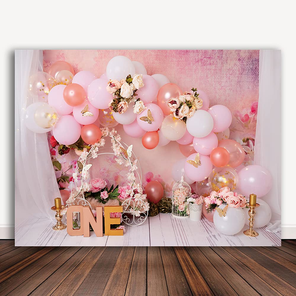 Photo 1 of Bellicremas Butterflies Gold Pink First Birthday Photography Background Princess Theme Flowers Pink Carriage Girls 1st Birthday Backdrop One Year Old Cake Smash Banner
