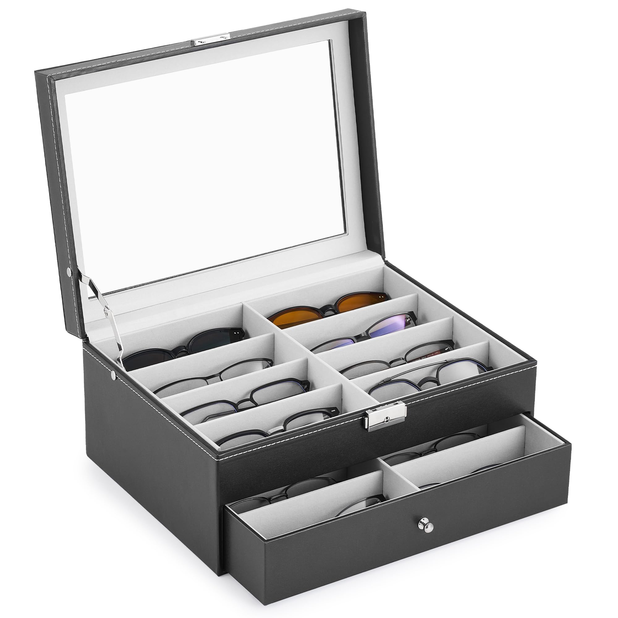 CO-Z 16 Compartment Sunglasses Organizer, Leather Eyeglasses Storage Box for Women Men, Lockable Eyewear Display Case with Drawer, Glasses Holder with 16 Slots for Watches Jewelry Collection, Black