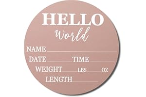 Hickory Hollow Designs - Baby Announcement Sign for Newborn Boys and Girls (Color Bases) - Hello World Nursery Decor Sign & Photo Prop for Babies Made of Birch Wood - 6" Circle Board (Pink)