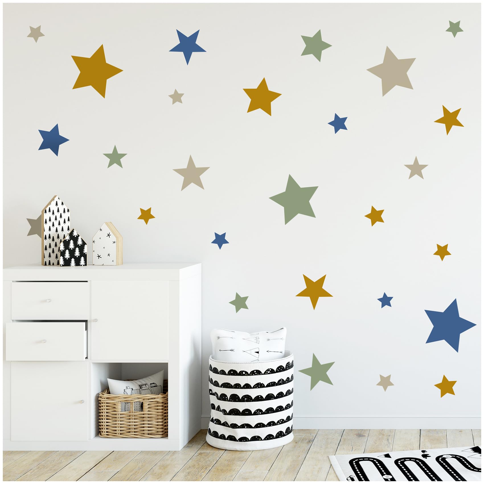 yabaduu 120 Star Stickers in Set on 4 DIN A4 Sheets Pastel Sticker Wall Stickers 9-2 cm Each Star Wall Sticker Decoration for Children's Room Baby Room for Boys Girls Y050-3 (Blue Green Mustard)
