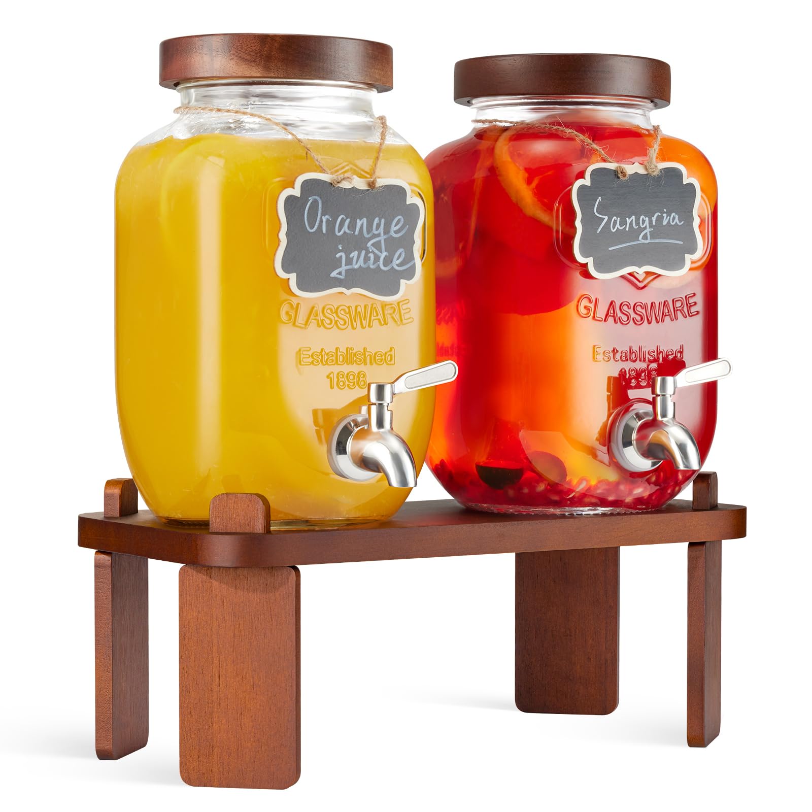 Photo 1 of 2PCS Large Drink Dispensers for Parties,Glass Beverage Dispenser with Wood Stand,Lemonade Drink Dispenser with Stainless Steel Spigot for Fridge,Water, Juice,Punch,Cocktails,Ice Tea & Sun Tea