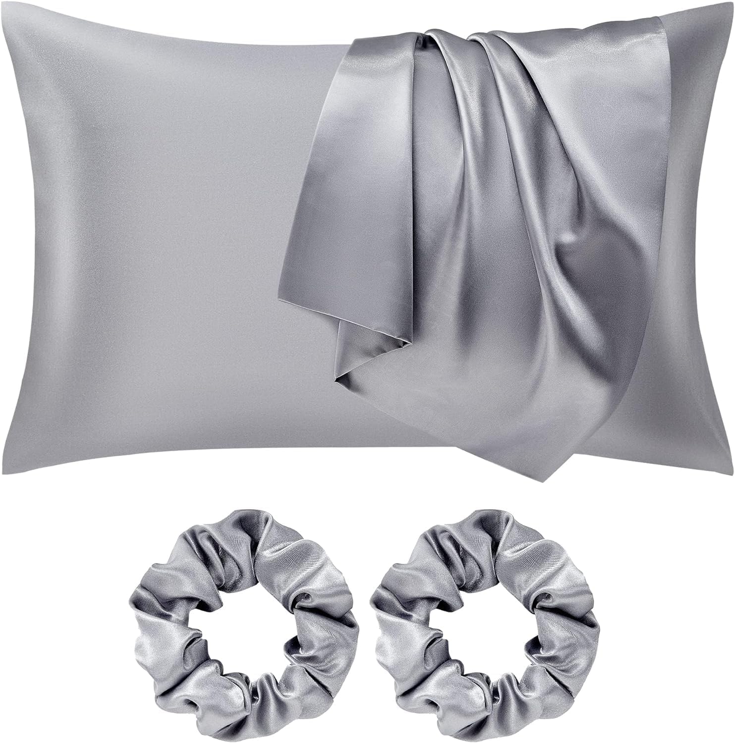 Seiwohl Satin Pillowcase for Hair and Skin Grey Satin Pillow Cases 2 Pack with Hair Scrunchies for women Soft as Silk Pillowcase Cooling Pillow cases with Envelope Closure Standard Size 50x75 cm — image 1