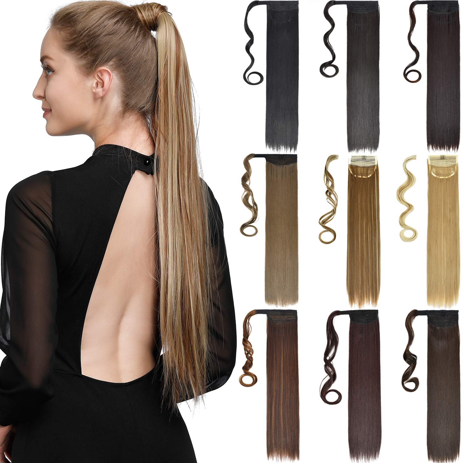 ROSEBUD Straight Ponytail Hair Extensions Synthetic Long Ponytail Extension 26 Inch Wrap Around Ponytails for Women