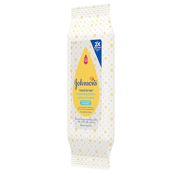 JOHNSON’S HEAD-TO-TOE GENTLE BABY CLEANSING CLOTHS, HYPOALLERGENIC AND PRE-MOISTENED BABY BATH WIPES, FREE OF PARABENS, PHTHALATES, ALCOHOL, DYES AND SOAP, 15 CT