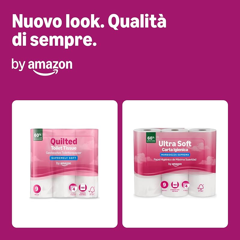 , Carta Igienica Ultra Morbida, 4 Veli, 36 Rotoli (4 Confezioni da 9), 160 Strappi per Rotolo, Certificata FSC