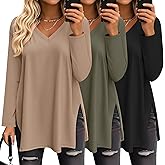 Huukeay 3 Pack Womens Oversized Long Sleeve T Shirts V Neck Knit Casual Workout Tunic Tops Side Split Loose Basic Tees