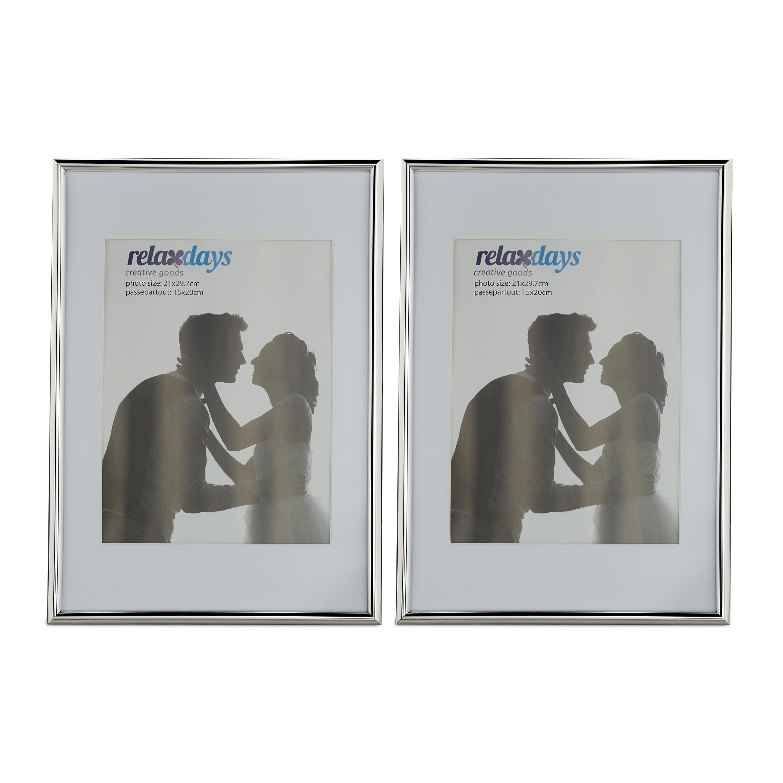 Relaxdays Photo Frame Set of 2, A4 Size, Passepartout 15 x 20 cm, Standing or Hanging, Silver