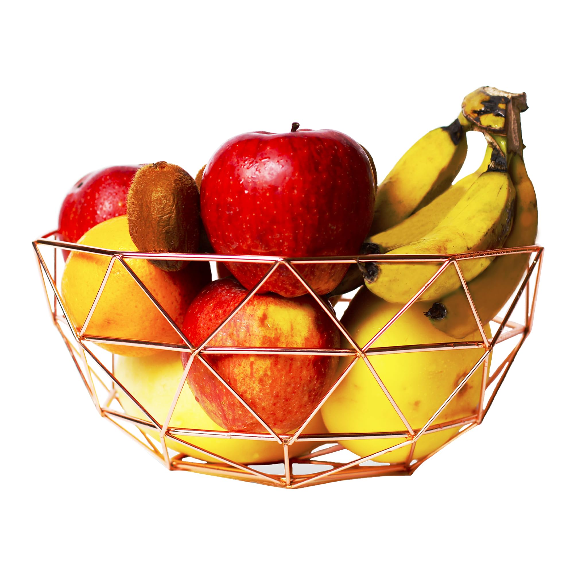 Homatz Copper Fruit Bowl 27cm Large Basket – Geometric Design Metal Wire - Vegetables Bread Banana Snack Storage Basket, Decorative Centerpiece Fruit Rack for Kitchen Countertop Pentagon Base