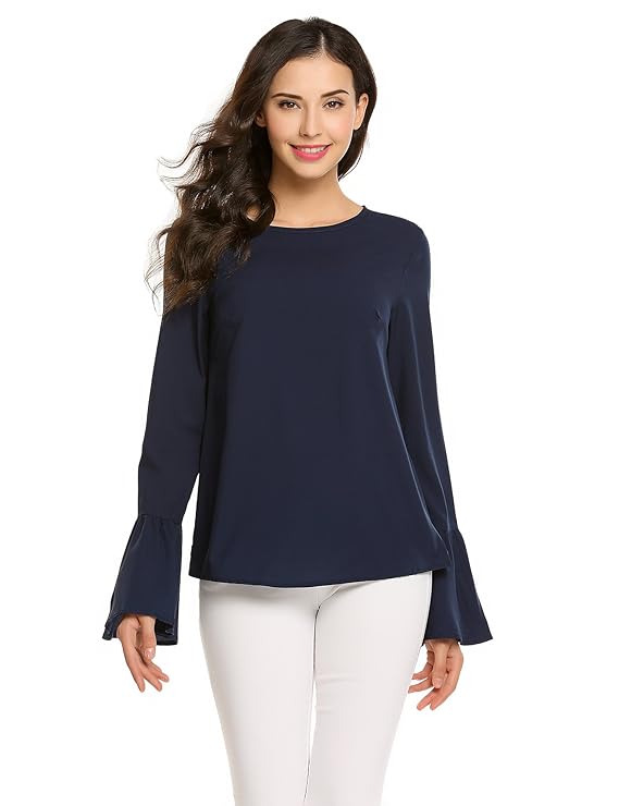 Beyove Damen Elegant Blusenshirt Rundhals Langarm Casual Oberteil Shirt Tops mit Volants am Ärmel