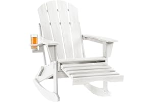 Serique Folding Adirondack Rocking Chair,4-in-1 Multifunctional Patio Chair with Retractable Ottoman, Outdoor Chair Wood Texture, Lawn Chair for Porch, Backyard, Pool(White)
