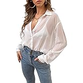 Verdusa Women's Sheer Mesh Button Down Shirt Top Long Sleeve Drop Shoulder Blouse
