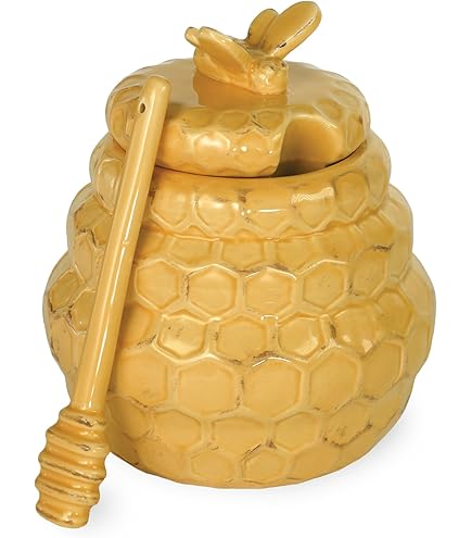 Ceramic Beehive Honey Pot And Wooden Dipper Honey ... - Grandado