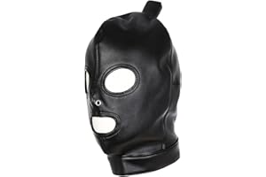 Black PU leather hood, 3-hole full-face wig masked blindfold, role-playing headgear (Mask-Another Way Faster)