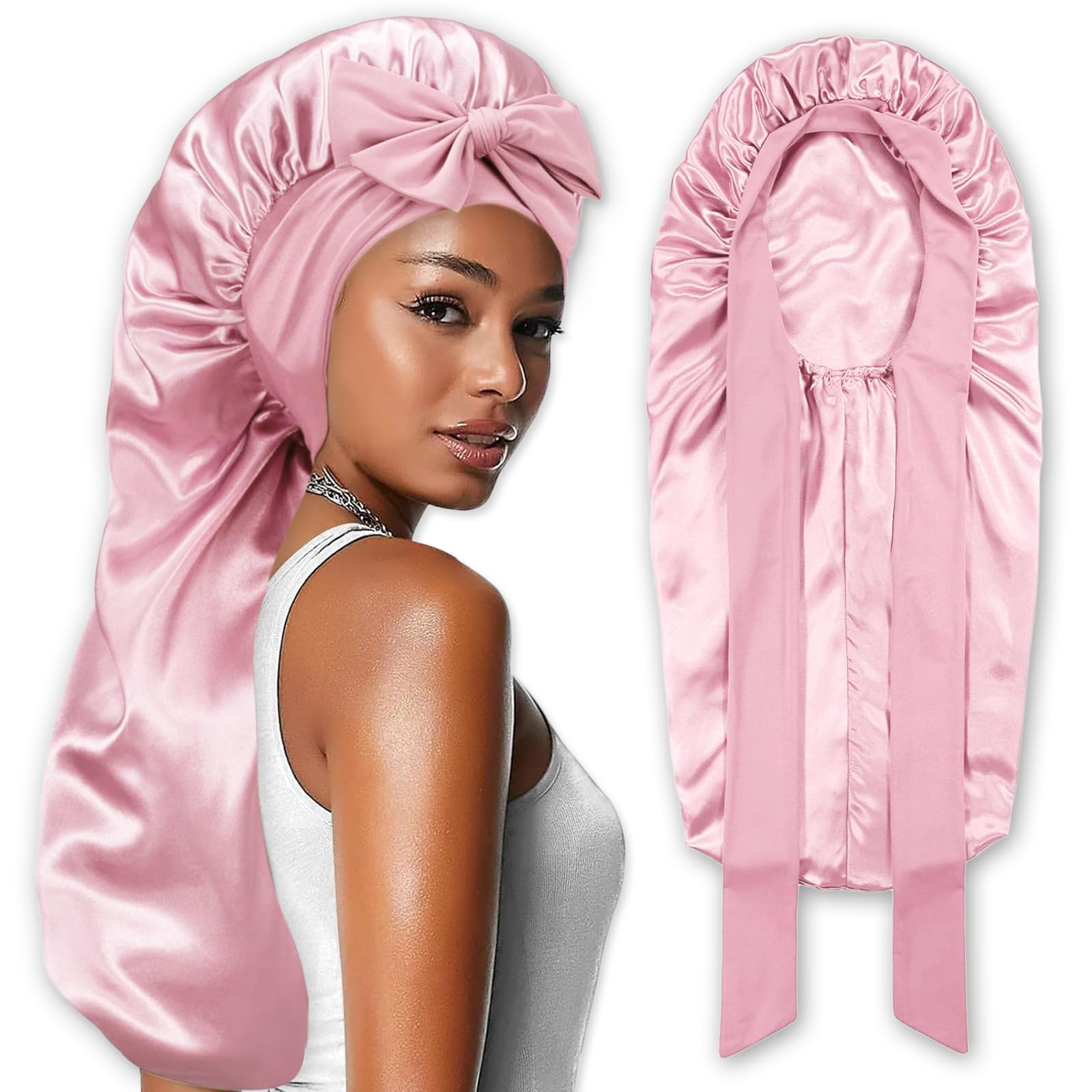 NICECONE Long Satin Bonnet for Women, Large Silky Hair Bonnet with Tie Band Adjustable Straps Jumbo Size Hair Sleeping Cap for Long Braid Curly Hair No Slip-Off (Pink)