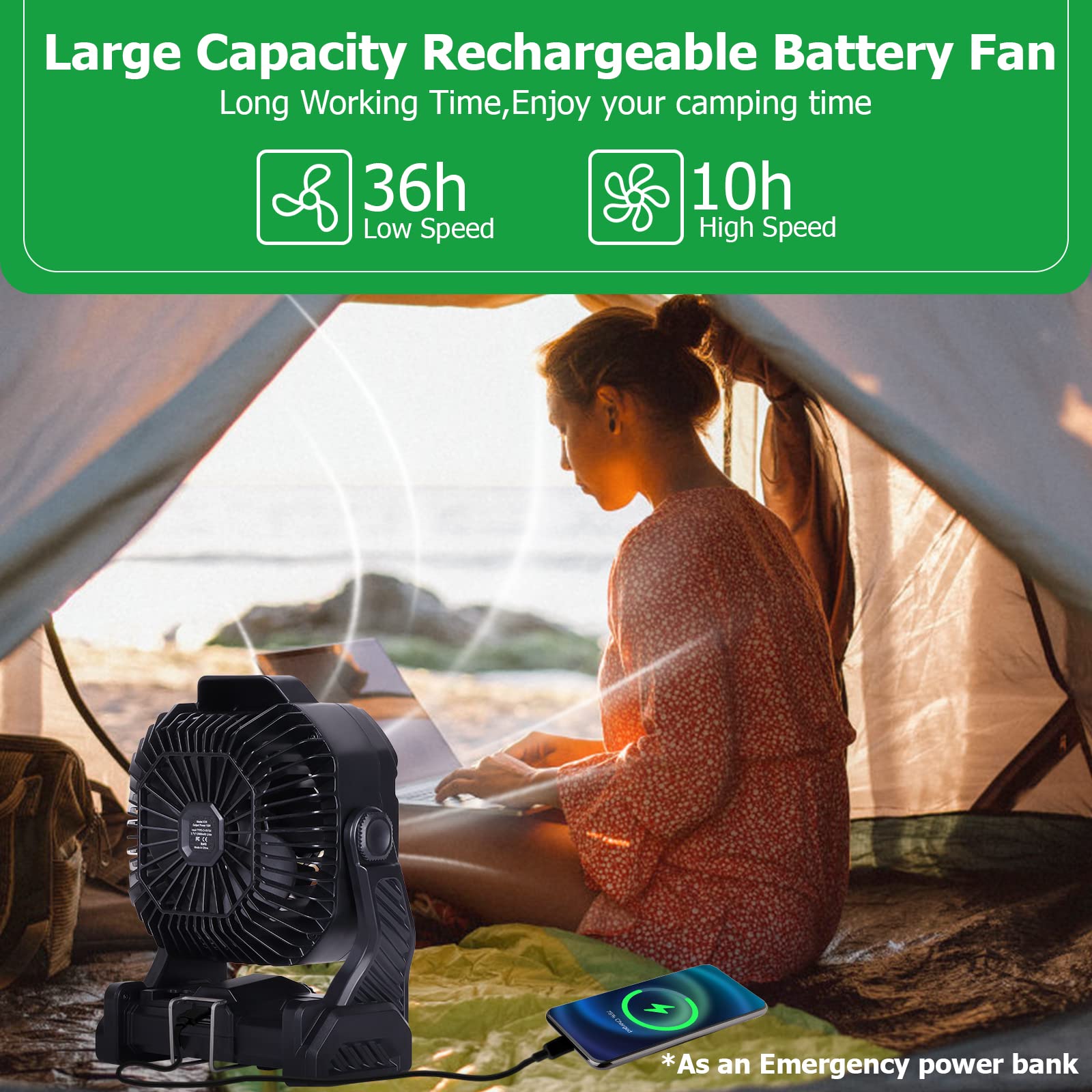 Battery Powered Fan,20000mAh Camping Essentials Rechargeable Cordless Camping Fan with LED Light & Hook，270° Pivot USB Table Battery Operated for Tent Black X26