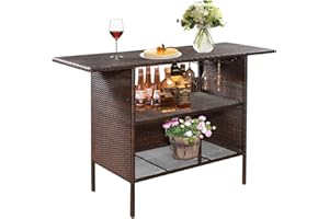 ReunionG Outdoor Wicker Bar Patio Rattan Counter Table with 2 Steel Shelves, 55.1" x 18.5" x 36.2"(L x W x H), Brown