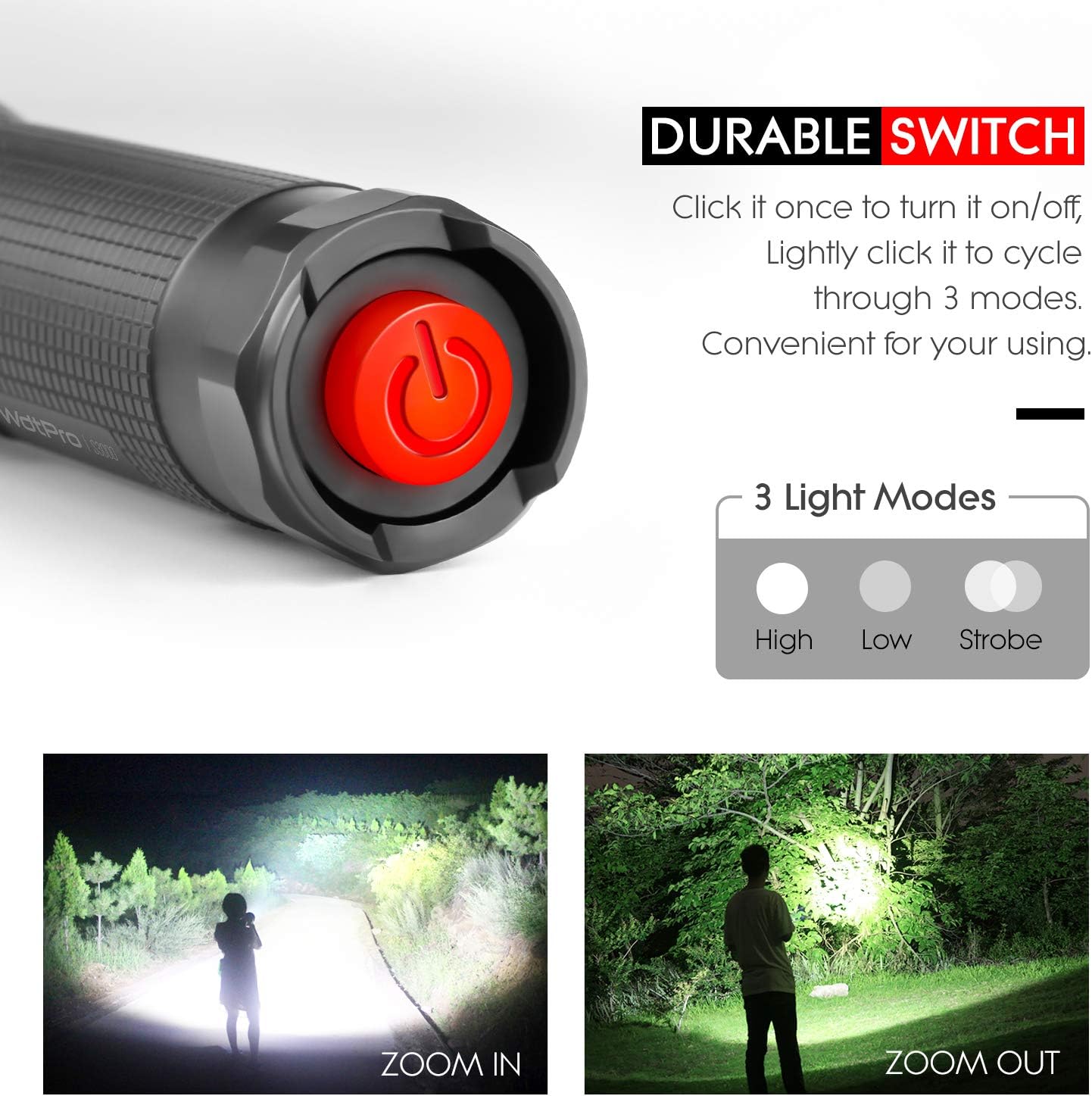 High-Powered LED Flashlight S3000, WdtPro Super Bright Flashlights - High Lumen, IP67 Water Resistant, 3 Modes and Zoomable for Camping, Emergency, Hiking, Gift - - 