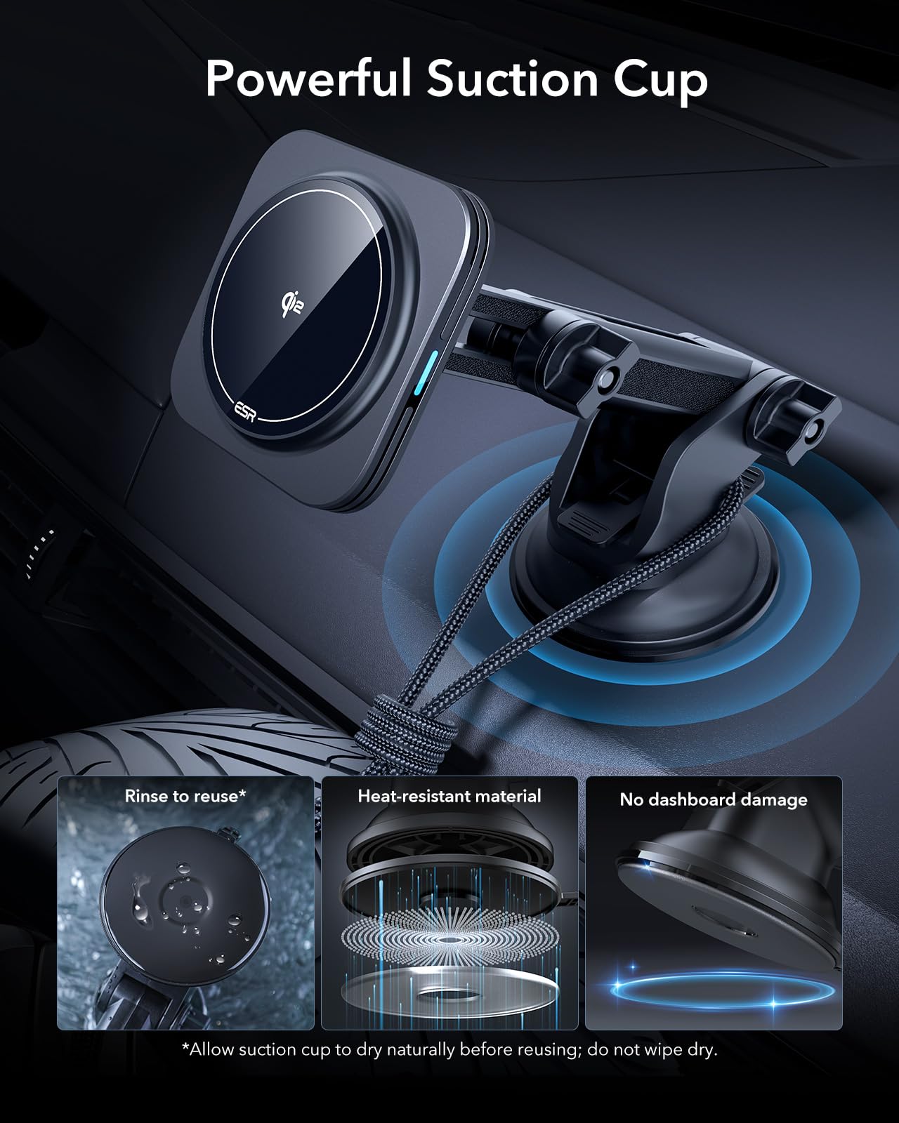 ESR for Qi2 15W MagSafe Car Mount Charger, for MagSafe Car Charger, Suction Cup Magnetic Wireless Car Charging, Dashboard Car Phone Mount for iPhone 17/16/15/14/13/12, S25, Pixel 10, Fast Charging