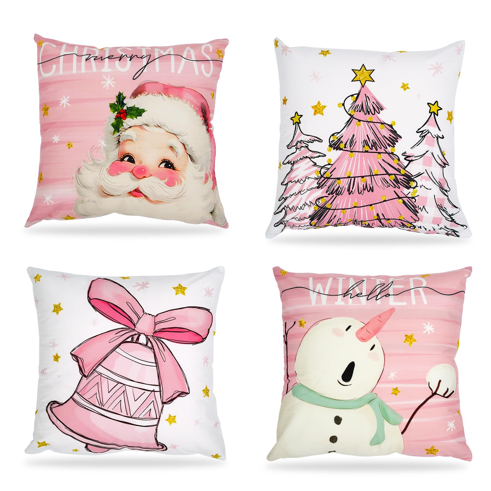 Avezano Pink Christmas Cushion Covers - 45 x 45 cm Santa Claus, Snowmen, Xmas Tree Design - Set of 4 Throw Pillow Covers for Sofa, Couch, Bed Home Decorations