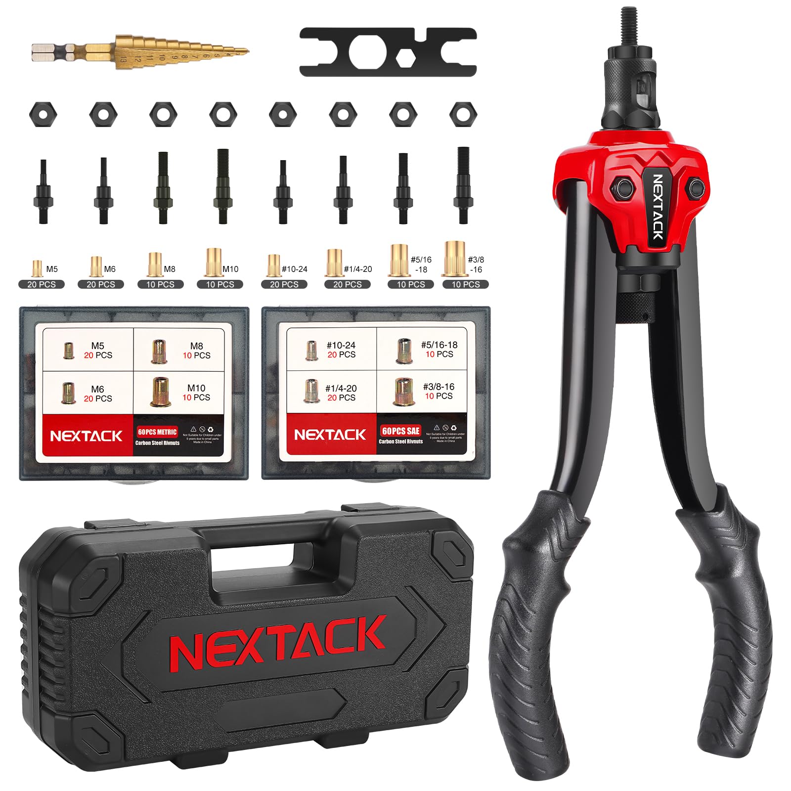 Photo 1 of NEXTACK Rivet Nut Tool Kit with a Step Drill Bit, 120 Nutsert, Heavy Duty Rivnut Tool with 8 SAE & Metric Mandrels M5 M6 M8 M10 10-24 1/4-20 5/16-18 3/8-16 in Organized Rugged Case (NT700)
