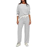Tankaneo Womens Sweatsuits 2 Piece Sets Striped Long Sleeve Sweatshirt Wide Leg Pants Tracksuit Lounge Set