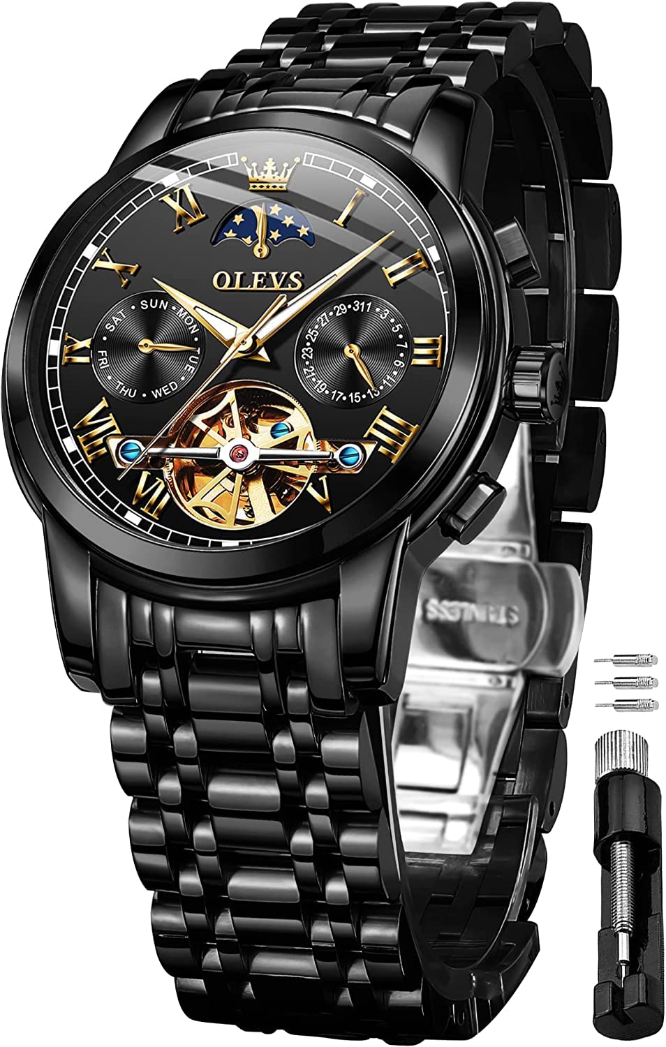 OLEVS Men's Watches Automatic Mechanical Stainless Steel Moon Phase Waterproof Date Luminous Tourbillon Wrist Watch for Man