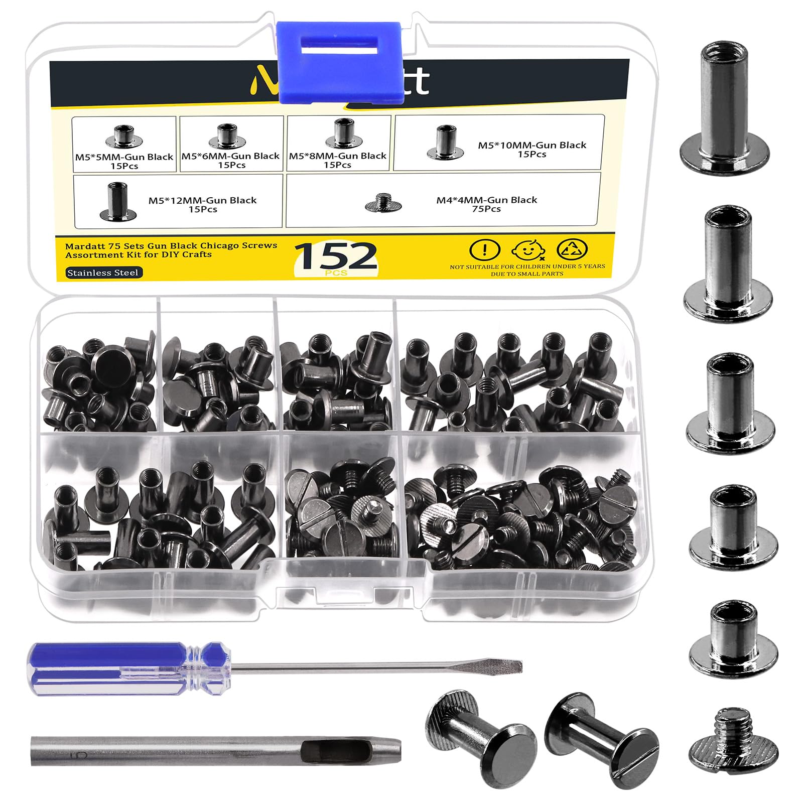 Mardatt 152Pcs 5 Sizes Chicago Screws with Punch and Screwdriver, M5 x 5/6/8/10/12MM Carbon Steel Chicago Rivets M5 Chicago Binding Screws Flat Head Leather Rivets for DIY Leather Repair(Gun Color)