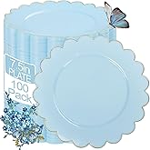 LIYH 100 Pcs Blue Plastic Plates - 7.5 Inch Scalloped Edges Disposable Dessert/Salad Plate- Blue with Gold Rim Premium Hard Appetizer Cake Plastic Plates for Party,Weddings,Bridal Shower