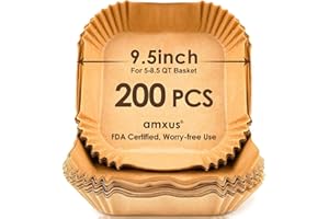 200PCS Air Fryer Paper Liners, 9.5 Inch amxus Square Air Fryer Disposable Paper Liners, Non-Stick, Oil-Proof, Food Grade Pape