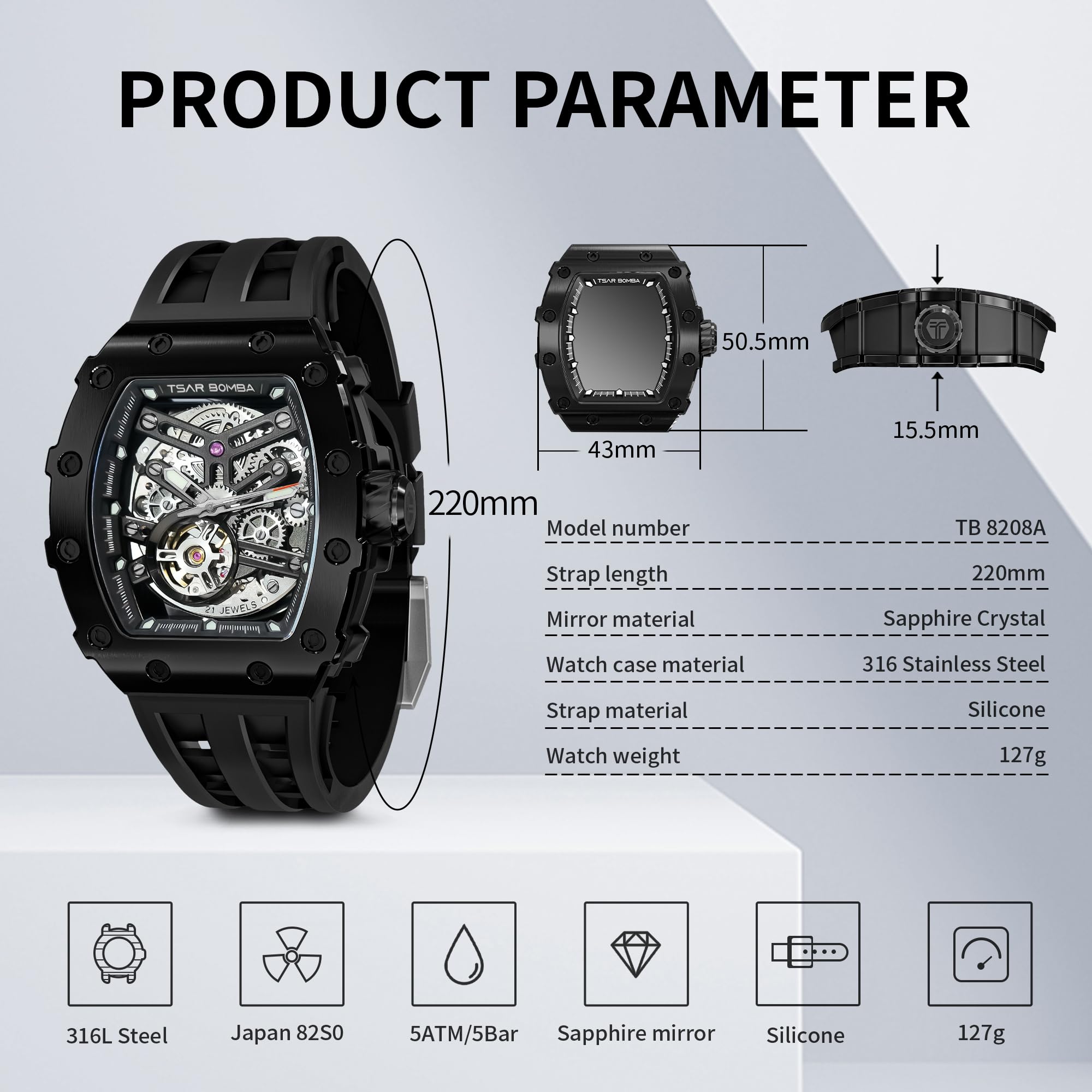TSAR BOMBA Watch for Men, 50M Waterproof Automatic Mens Watch, Skeleton Mechanical Tonneau Big Face Dial Black Watch with Silicone Watch Bands, Gifts for Men