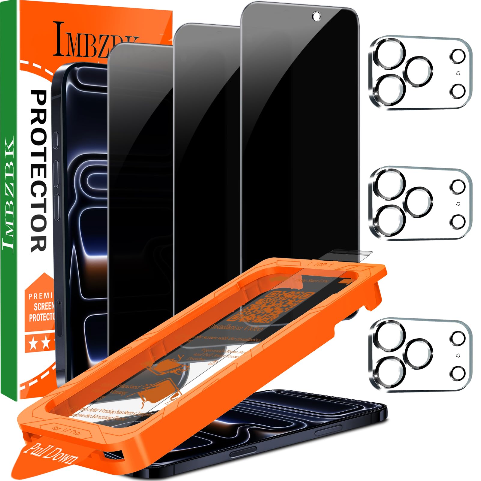 Photo 1 of IMBZBK [Auto-Dust Removal] 3 Pack Privacy Screen Protector for iPhone 17 Pro [6.3 INCH] Anti Spy Private Accessories, Case Friendly Film, Military Grade Tempered Glass 3 Camera Lens Protector