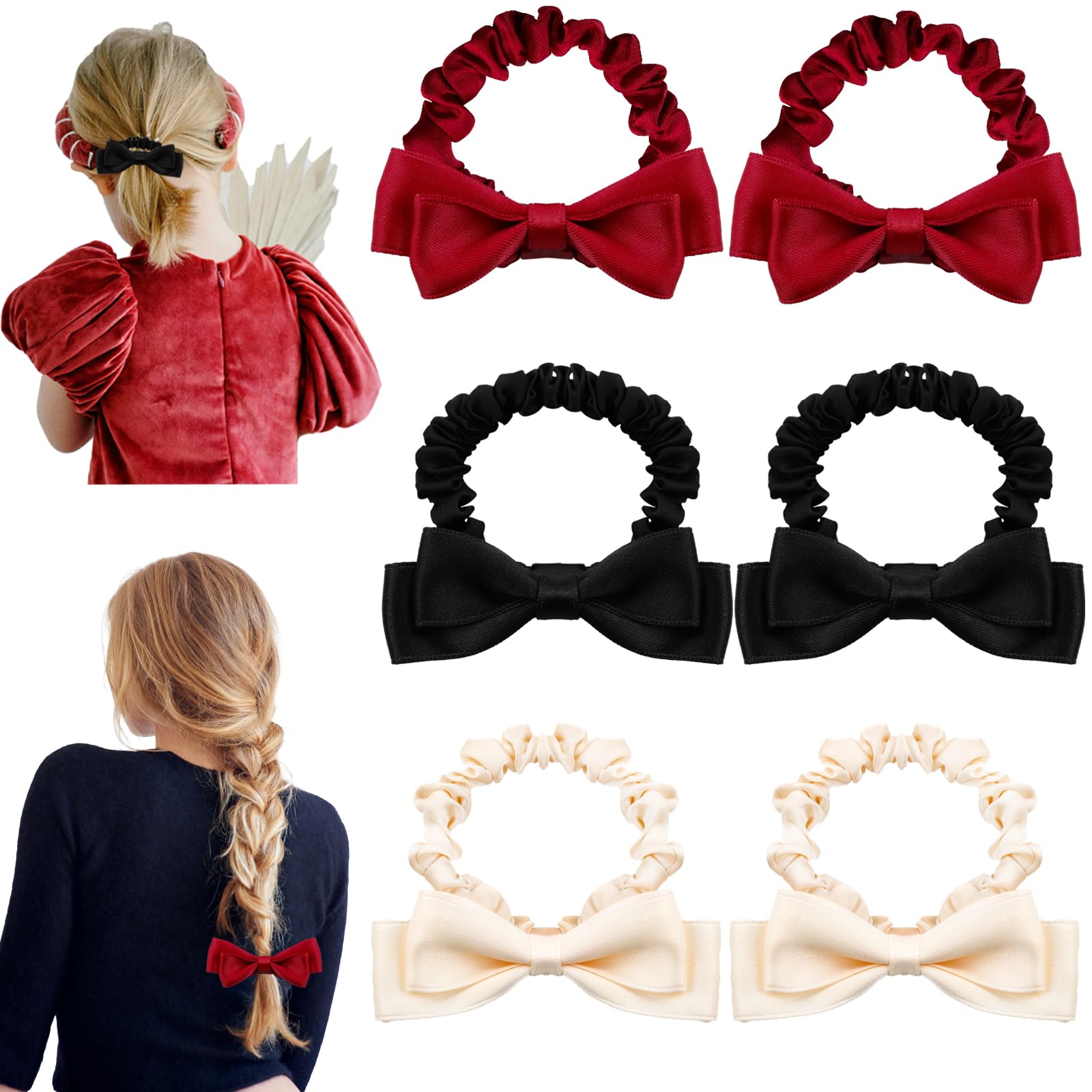 Loghohu 6PCS Hair Bows, Silk Scrunchies with Bow Elastic Hair Bows Soft Bow Hair Ties for Thick or Thin Hair Cute Hair Accessories for Women Girl (Black, White, Red)