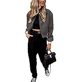 Oulivey Women's Cropped Street Bomber Jacket long sleeve Button Down Crop Tops Coat