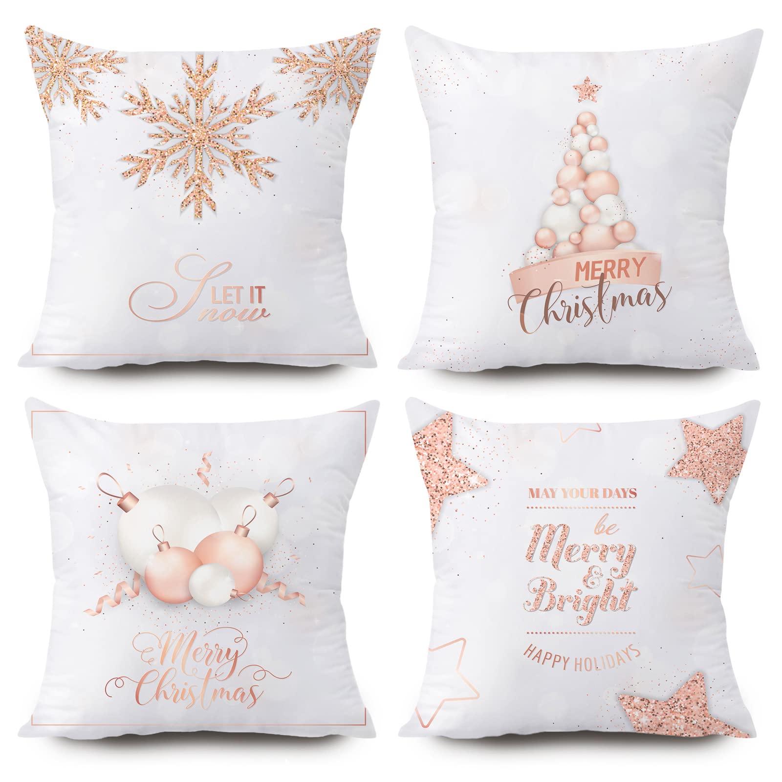 KUNQIAN Christmas Cushion Covers Xmas Decorations Throw Pillow Cover Pink White Snowflake Set of 4 Decor For Sofa Living Room Home 18x18 Inch 45x45cm