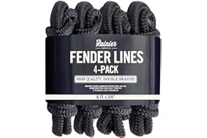 RAINIER SUPPLY CO RainierSupplyCo Boat Fender Lines - 4 Pack Bumper Rope Dock Lines - 6' x 3/8" Premium Double Braided Nylon Boating Ropes for Docking with 5" Loop - Mooring Ties & Boat Accessories - Black