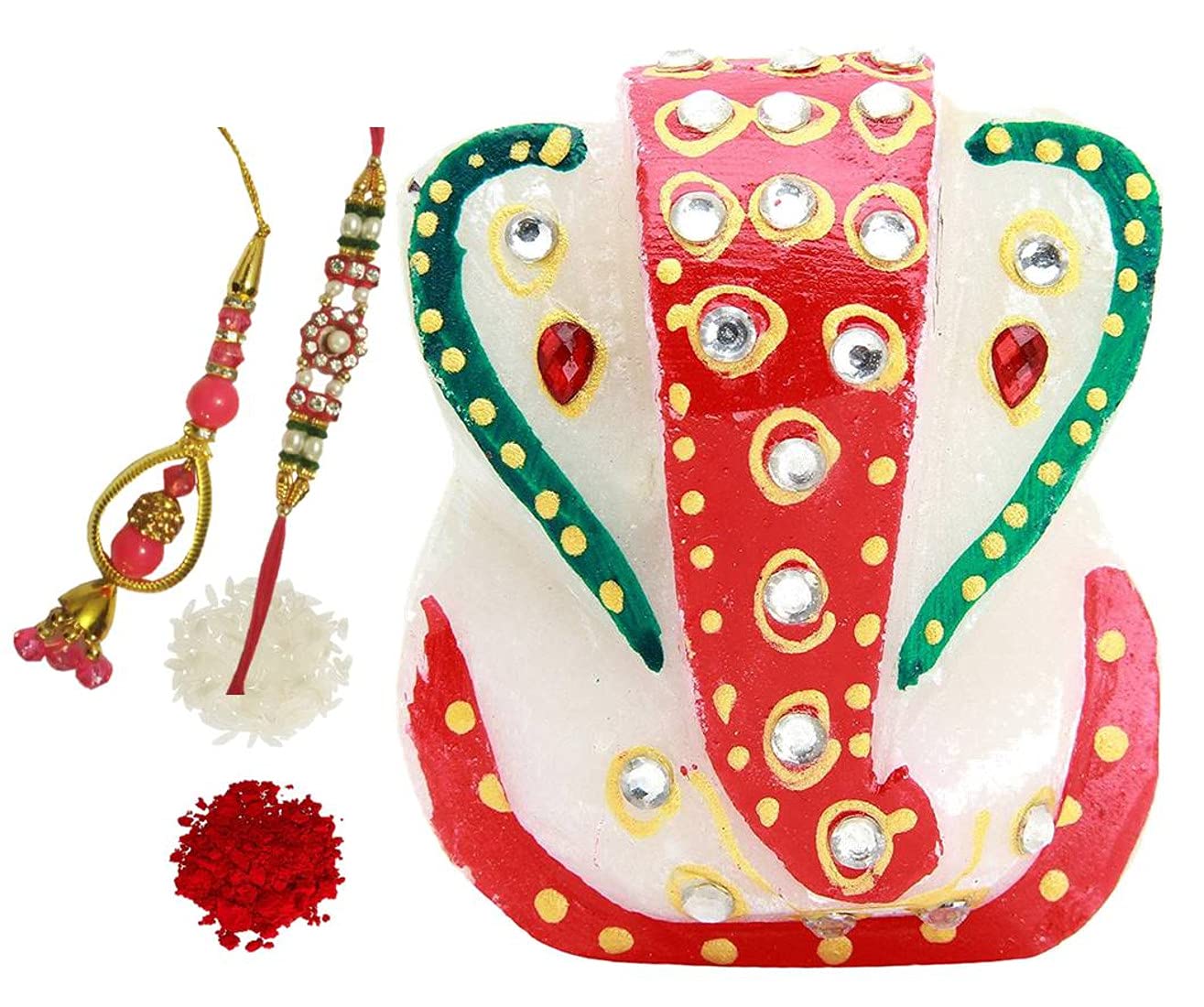 Purpledip Bhai Dooj Rakshabandhan Set: Small Ganesha Marble Statue, Designer Rakhis for Bhai & Bhabhi, Roli Chawal Tika (rakhi78c)