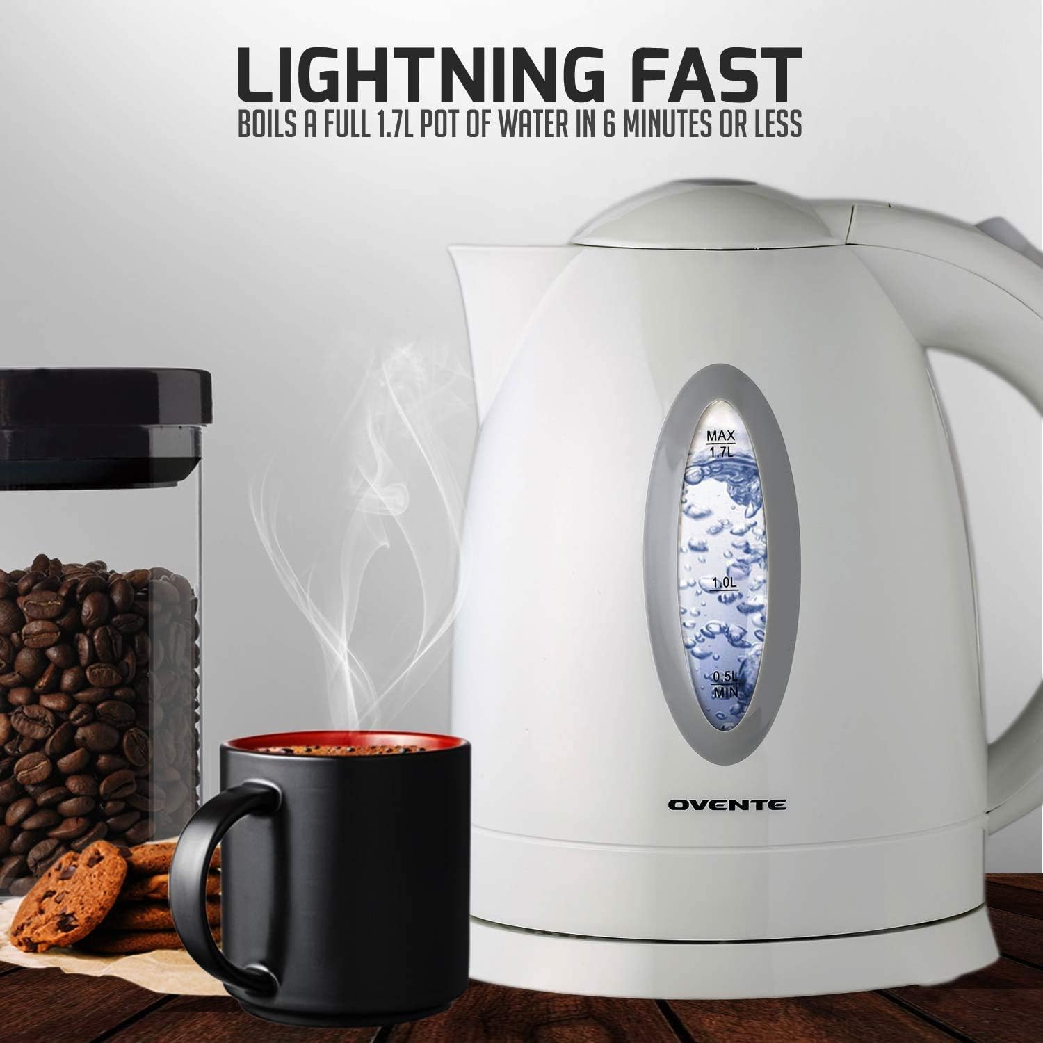 Ovente Electric Hot Water Kettle 1.7 Liter with LED Light, 1100 Watt BPA-Free Portable Tea Maker Fast Heating Element with Auto Shut-Off and Boil Dry Protection, Brew Coffee & Beverage, White KP72W: Electric Water Kettle: Kitchen & Dining