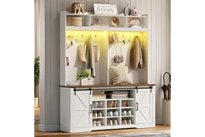 RALGEND 58" Farmhouse Hall Tree with Bench and Shoe Storage, 5-in-1 Entryway Bench with Coat Rack, 9 Shoe Cubbies & 12 Hooks, Led Lights and Adjustable Shelves & Barn Doors, Entryway Storage, White and Walnut