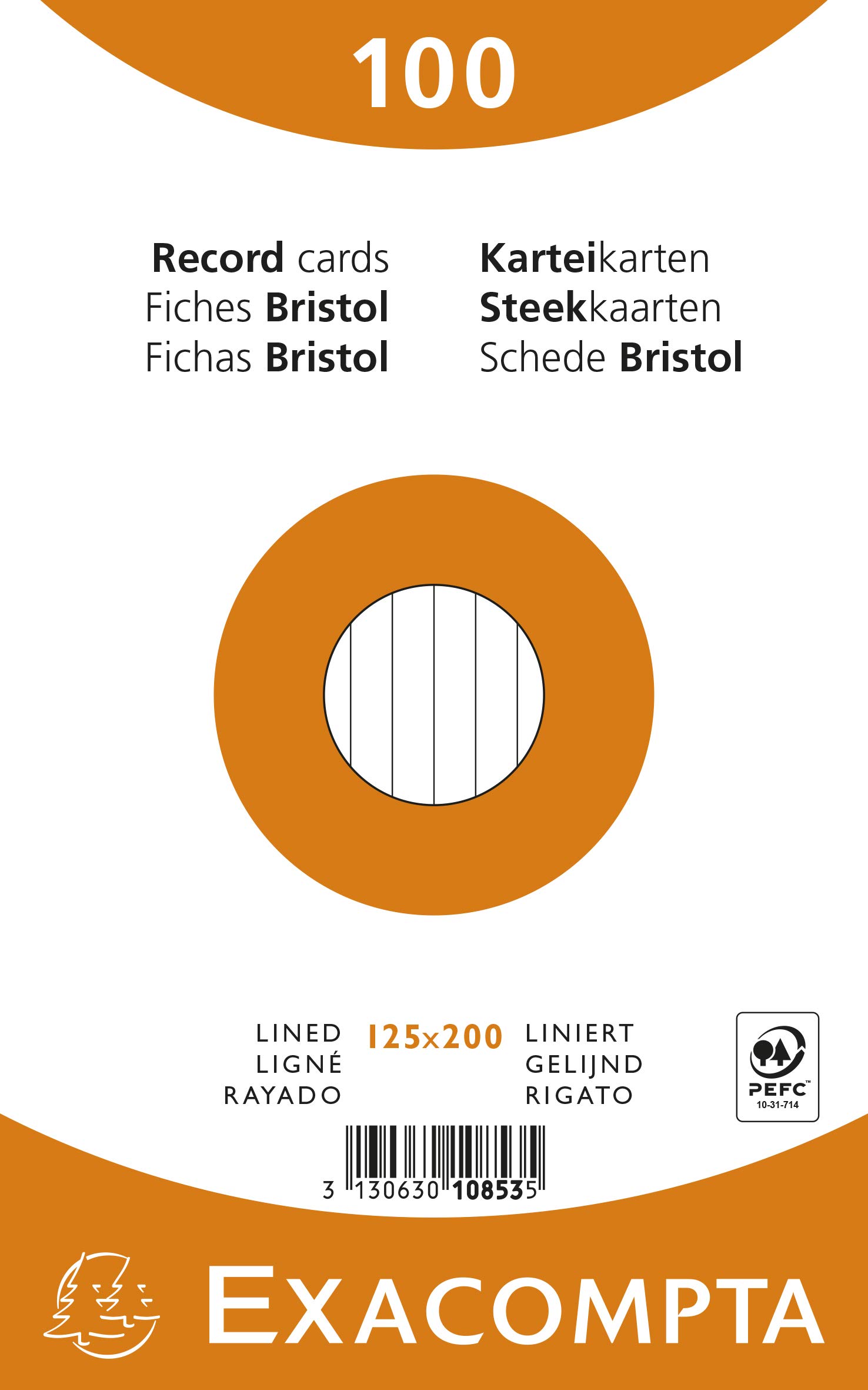 Exacompta - Ref 10853X - Bristol Lined Record Cards (Pack of 100) - 125 x 200mm in Size, 205gsm Card, Compatible with Printers - Suitable for Exam Revision & Notes - Assorted Colours