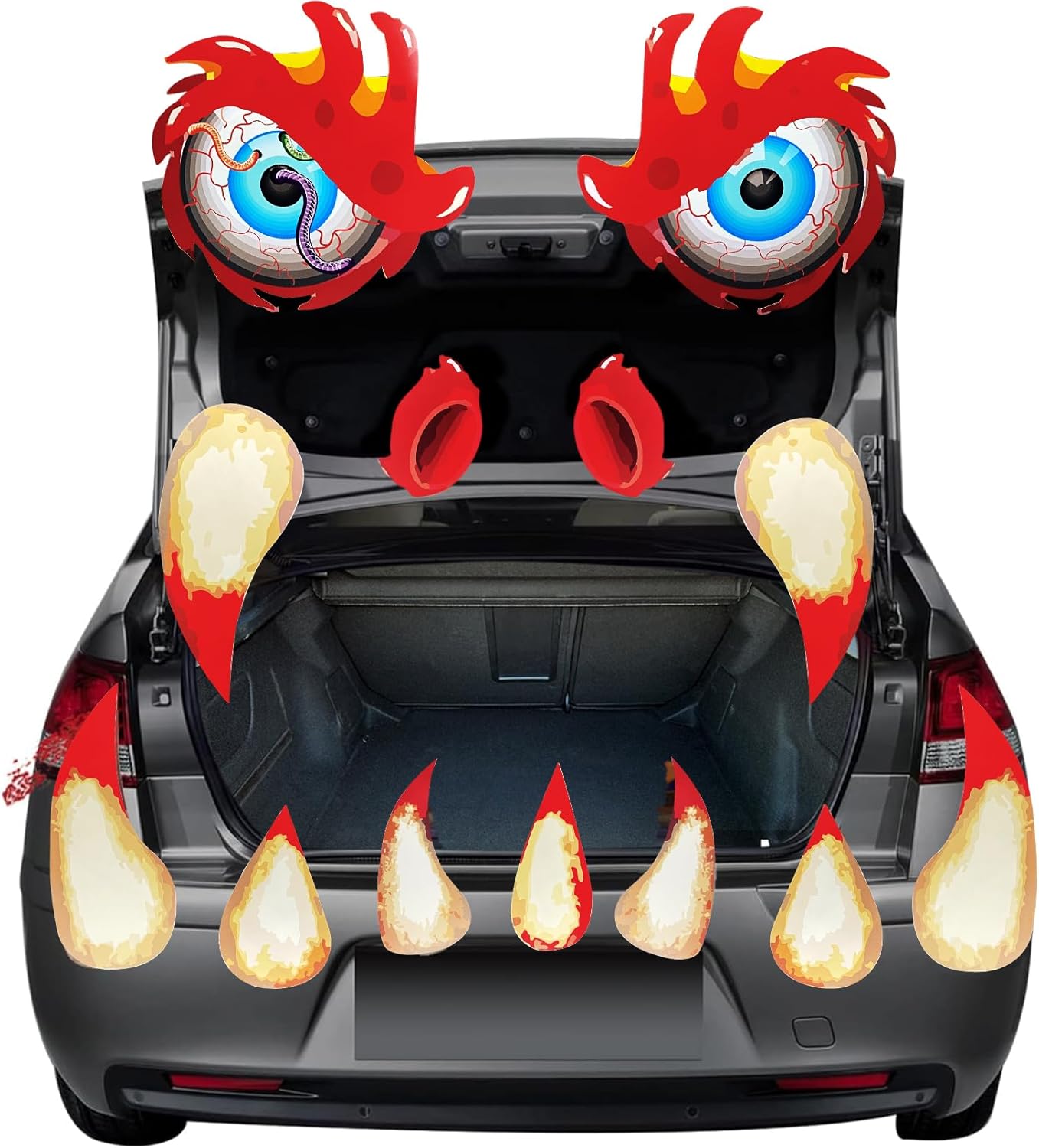 Garage Door Decorations - Bloody Trunk or Treat Car Decorations Kit - Cokacot Scary Monster Face Car Sticker Halloween Wall Archway Garage Door Decorations with A Nostril 2 Large Eyes 9 Fangs & Double-Side Stickers(13Pieces)