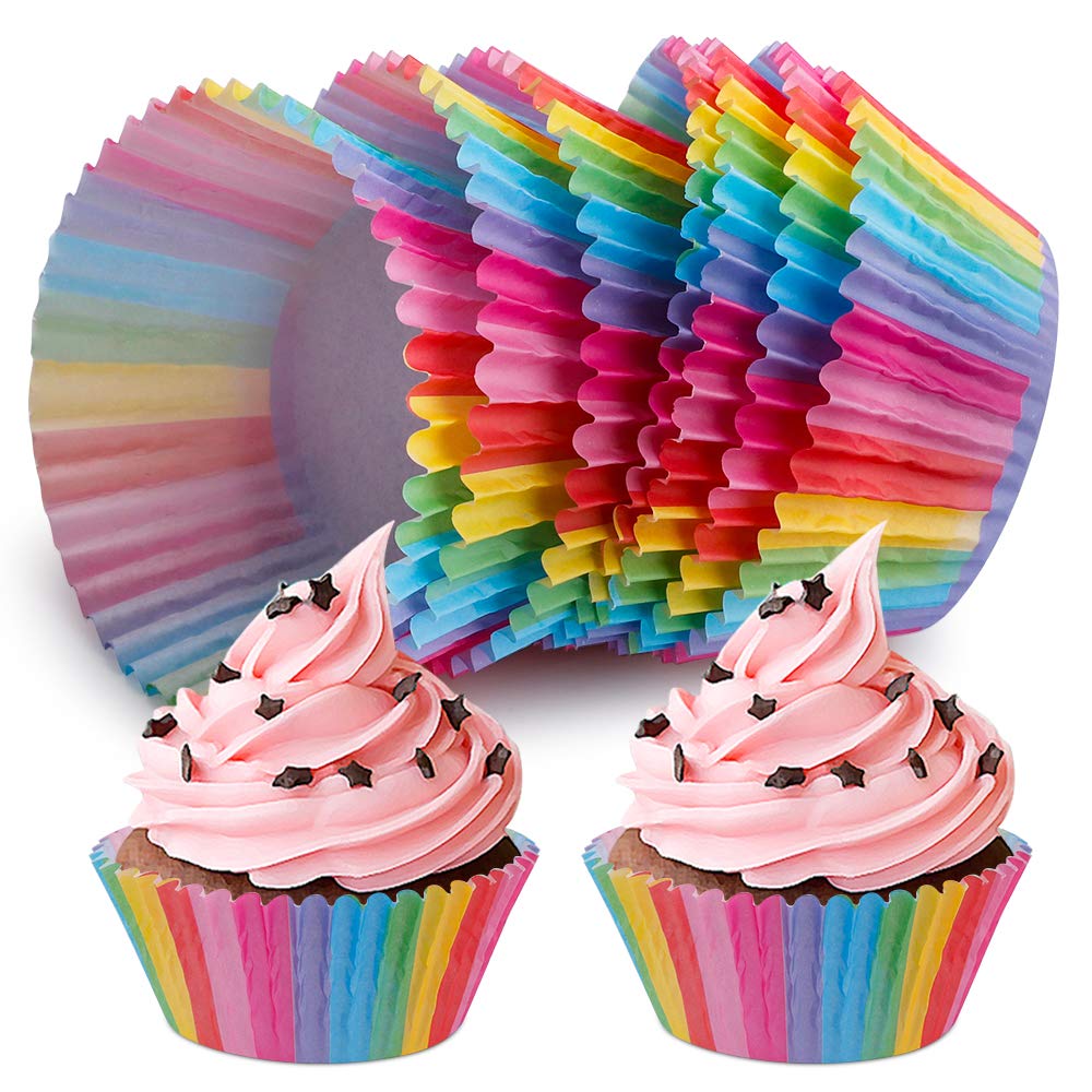 Rainbow Cupcake Wrappers, HICOO Muffin Cupcake Cases Paper Rainbow Baking Cups Wrappers for Cupcakes, Muffins, Pudding, Chocolate 100pcs