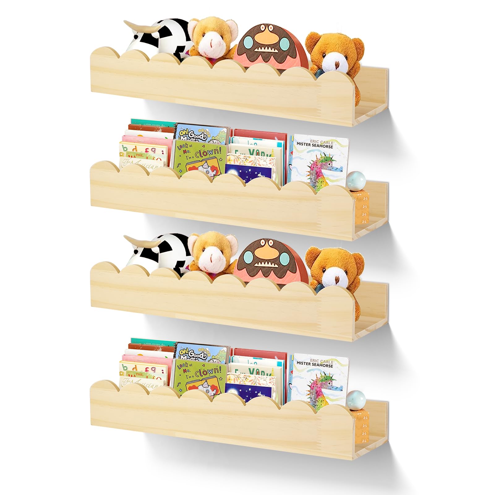 Photo 1 of 4 Pack Wooden Scalloped Floating Shelves for Rooms Wall Shelves 15 Inches, Book Shelf for Kids Rooms Nursery Decor Wall Bookshelf Magazine Rack Picture Ledge for Bedroom Toddler Baby Room (4 Pack)