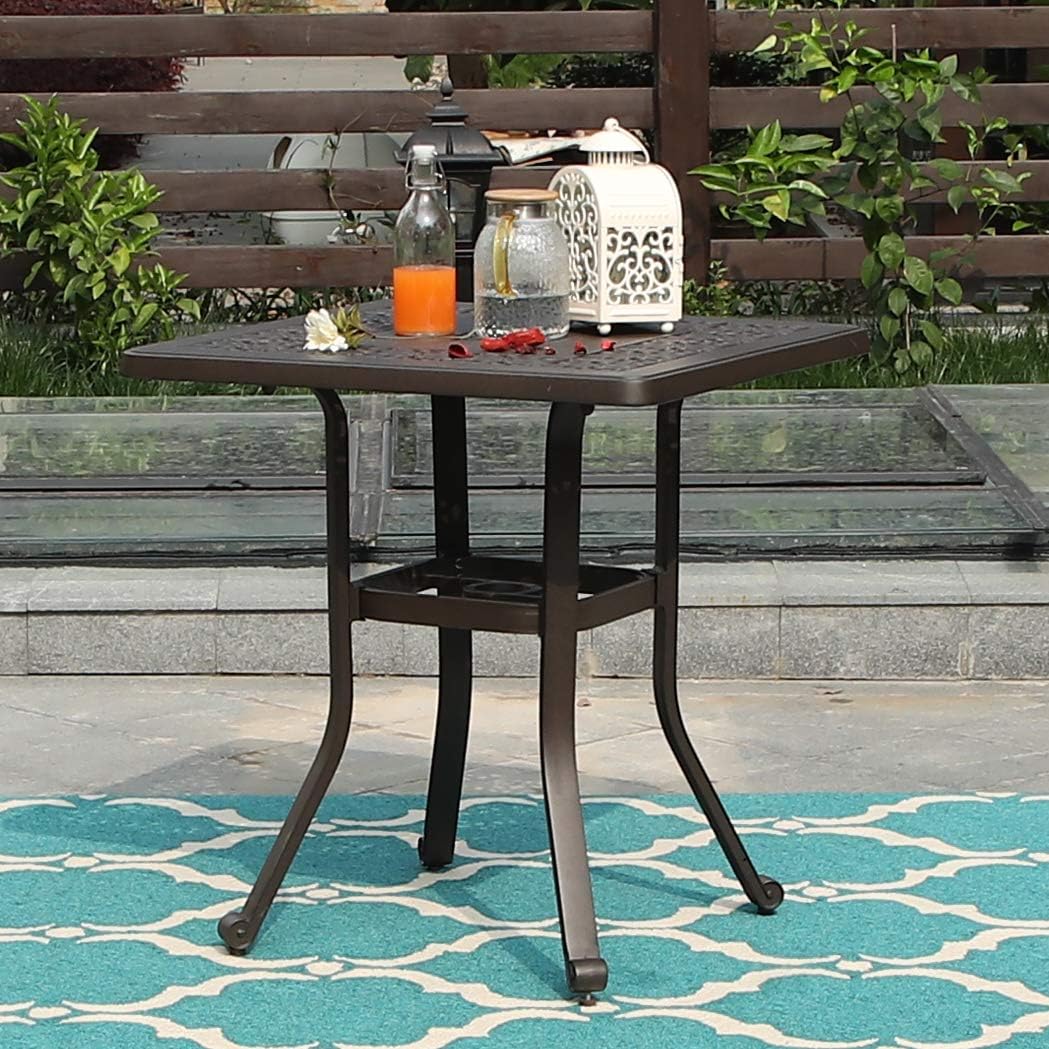 PHI VILLA Outdoor Balcony Garden Furniture Patio Bistro Coffee Table 27.5" Square Cast Aluminum with Umbrella Hole, Frosted Surface: Kitchen & Dining